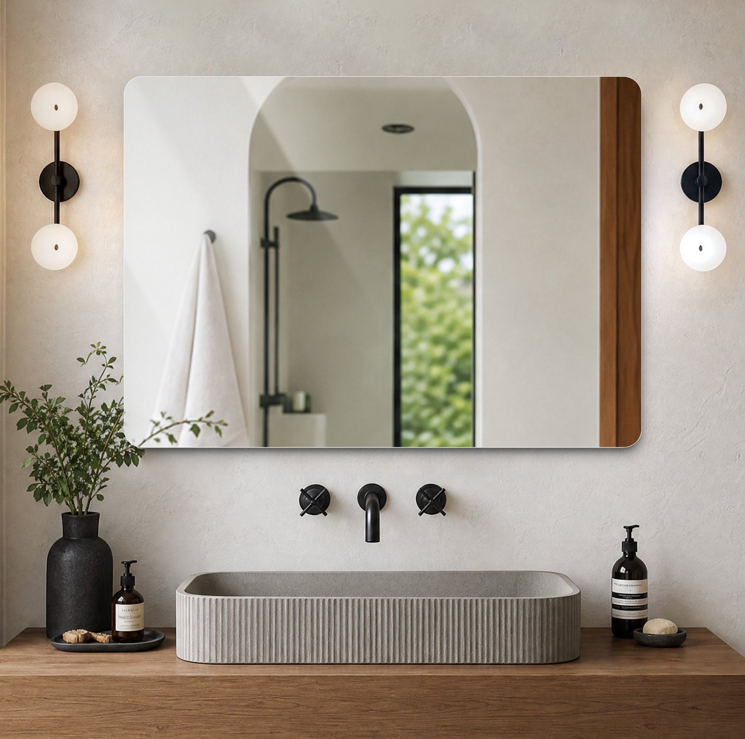 Wishdor Badkamerspiegel - Randloze rechthoek met afgeronde hoeken - Horizontaal of verticaal te monteren - Badkamer slaapkamer - Gehard veiligheidsglas - Zilverkleurig - Spiegeloppervlak 90 x 70 cm