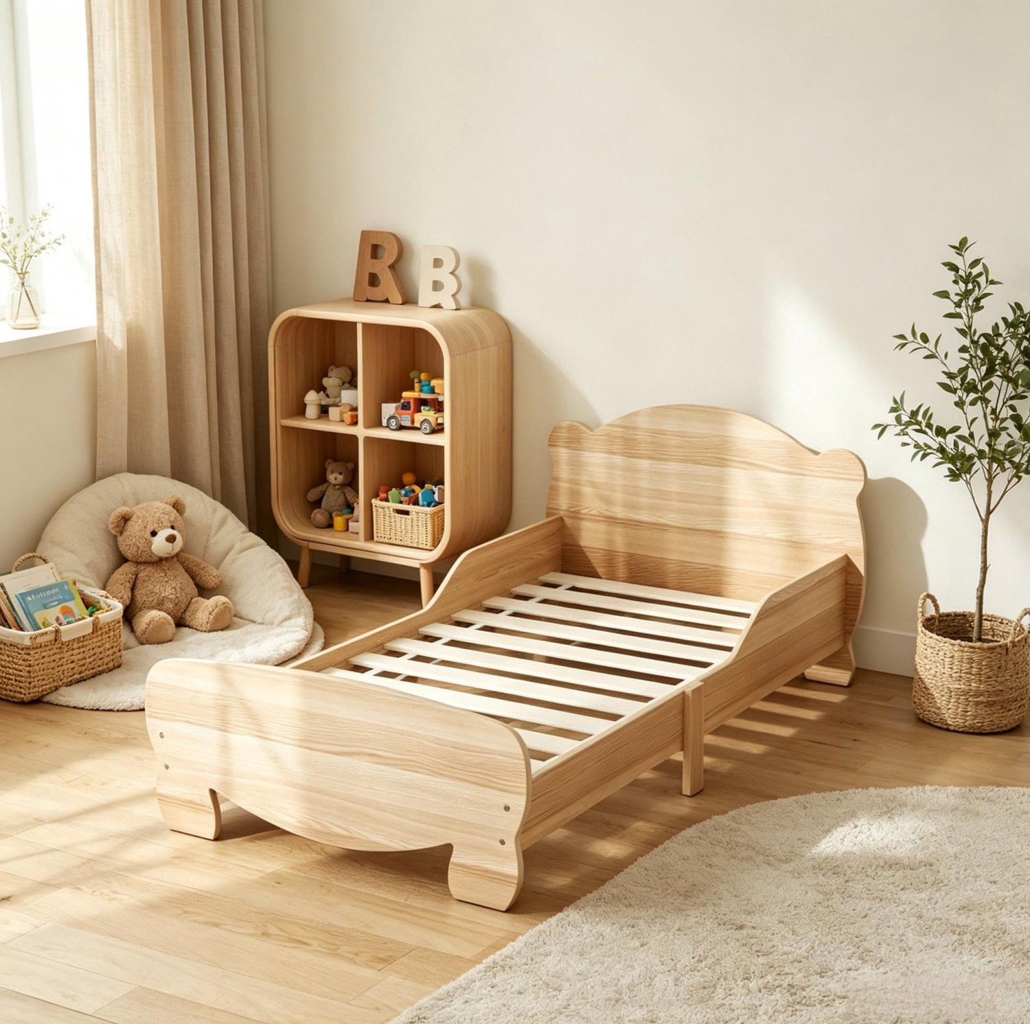 MODFU Kinderbed - Lage Instap - Uitvalbeveiliging - MDF - Naturel - Matrasmaat 70 X 140 Cm Naturel houtkleur