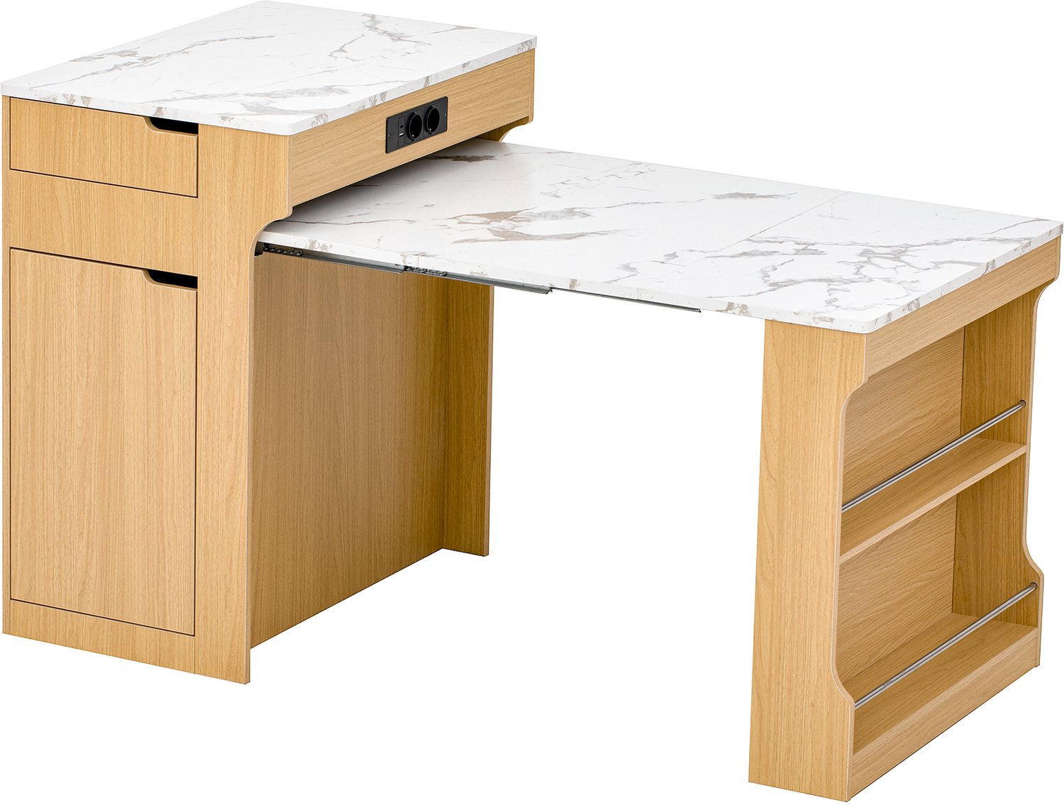 MUVANO Keukeneiland met uitschuifbare eettafel - Op wielen - Stopcontacten en twee lades - Wit marmerlook blad - 93 cm hoog - Keuken en eetkamer - Naturel