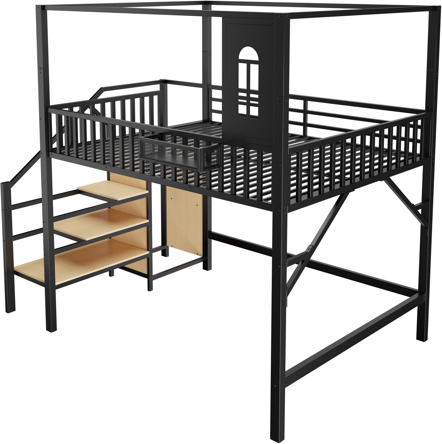 MUVANO Metalen hoogslaper 140x200 cm - Bed met opbergtrap en dakframe - Kledingroede en metalen opbergvak - Voor volwassenen in de slaapkamer Zwart