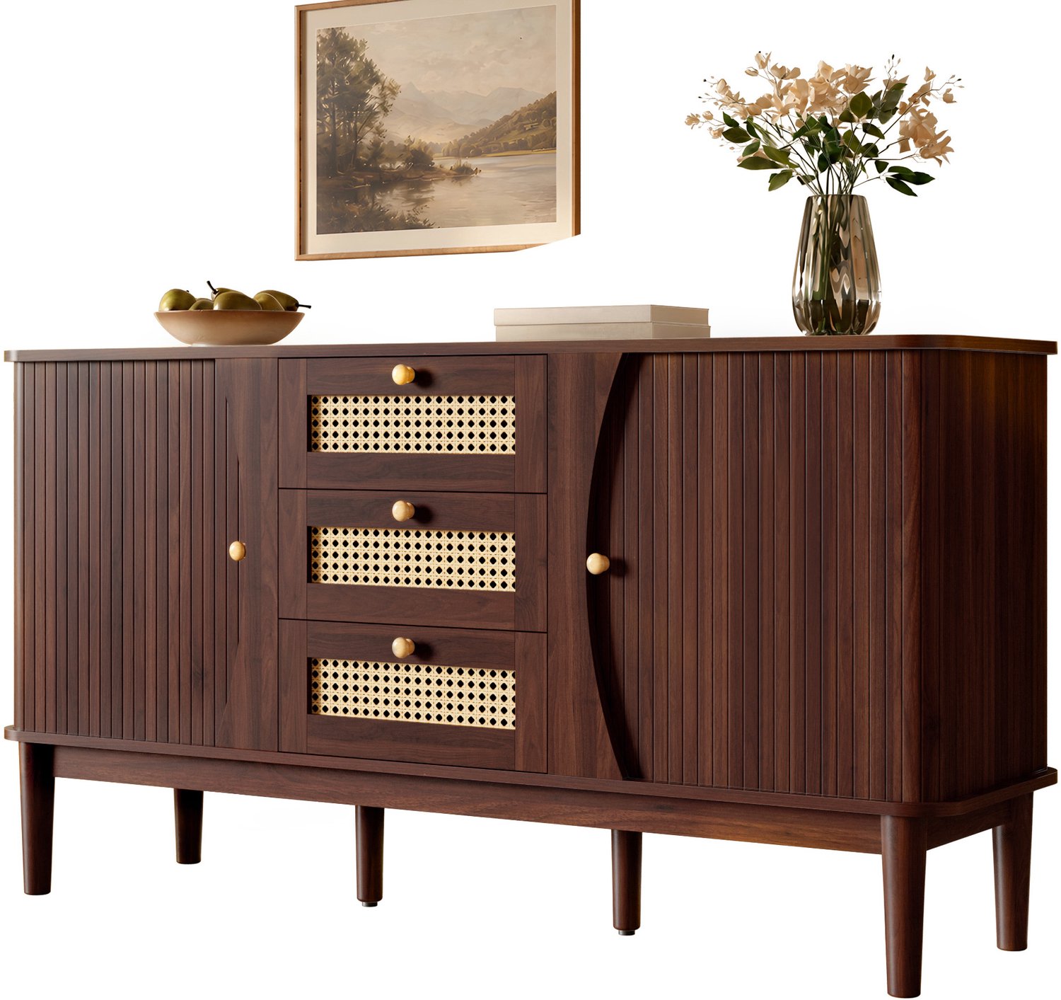 Maisentiel Dressoir met 3 rotan lades en schuifdeuren - walnootkleur - 141 x 40 x 77 cm