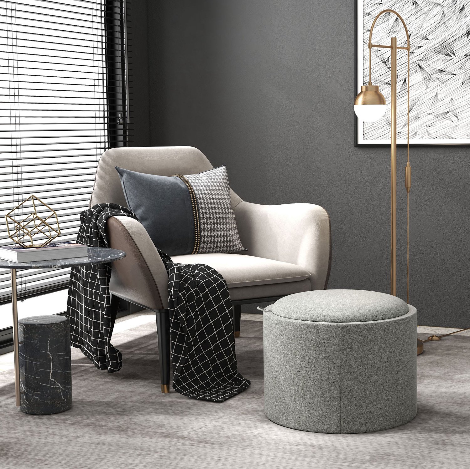 DESMIU Poef 56 x 56 x 42 cm - Rond met Opbergruimte en Omkeerbaar Deksel - voor Woonkamer en Slaapkamer - MDF en Linnenlook - Grijs