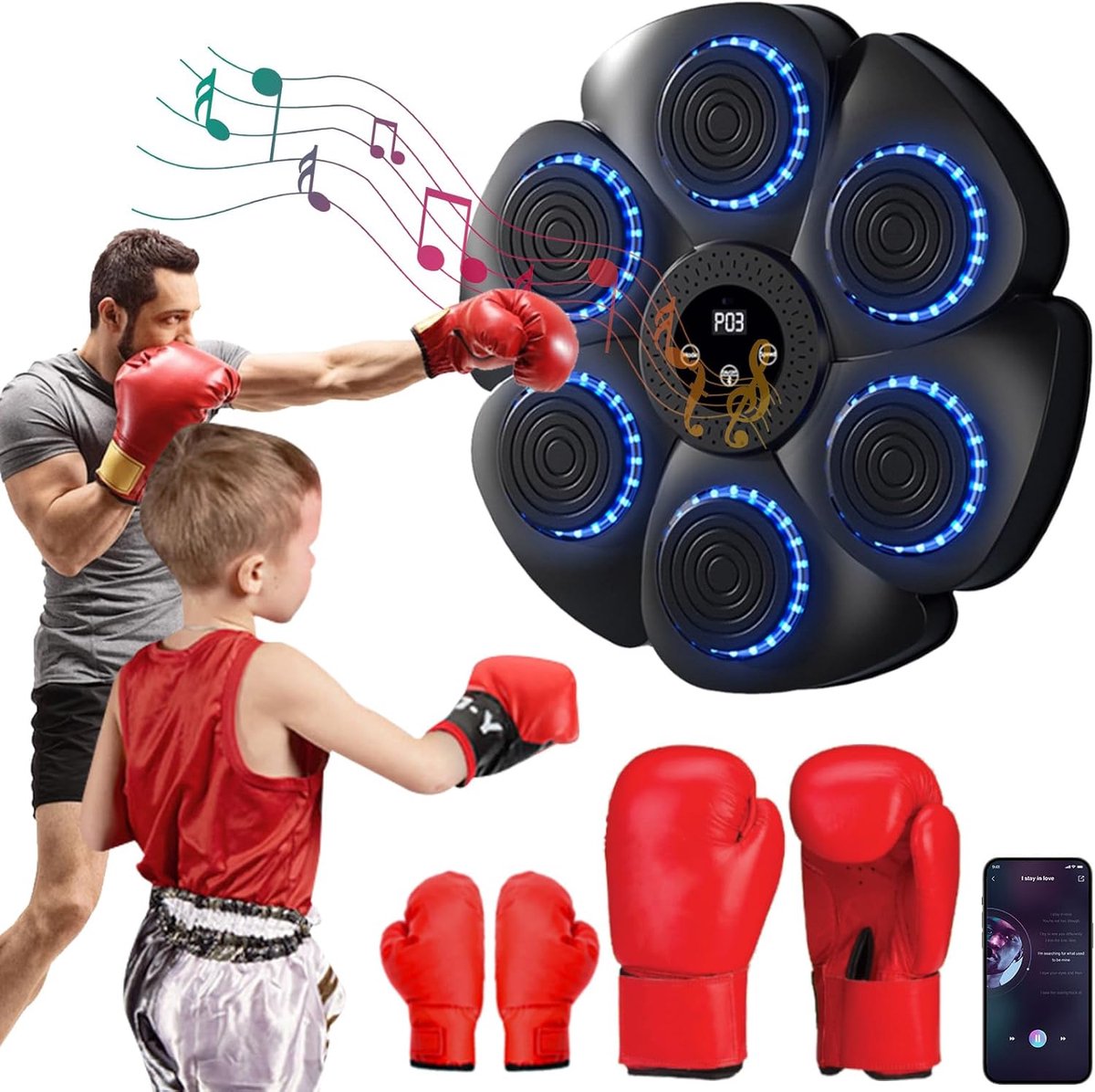 Muziek Boksmachine， Slimme Muziek Ponsen Wandmontage LED Licht Ponsen Machine met Bokshandschoenen, Bluetooth Verbonden 9 Modi 18 Snelheden en Telmodus voor Volwassenen en Kinderen
