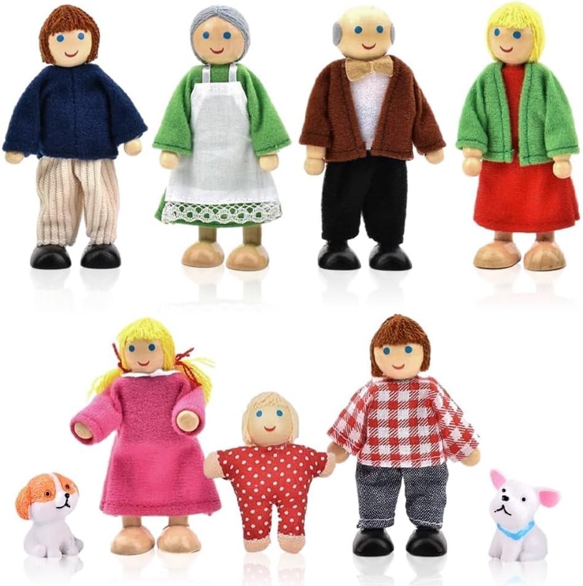 9-delige Familie Set voor Poppenhuis met Buigbare Poppen en 2 Honden - Ideaal als Accessoire of Cadeau voor Poppenhuisliefhebbers