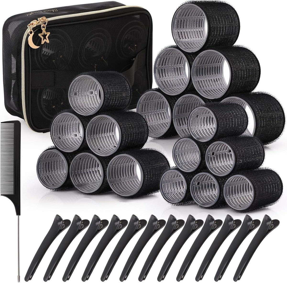 32-delige set haarrollers met 18 krulspelden in 3 maten, inclusief clips en kam, voor lang, middellang en kort haar met opbergtas