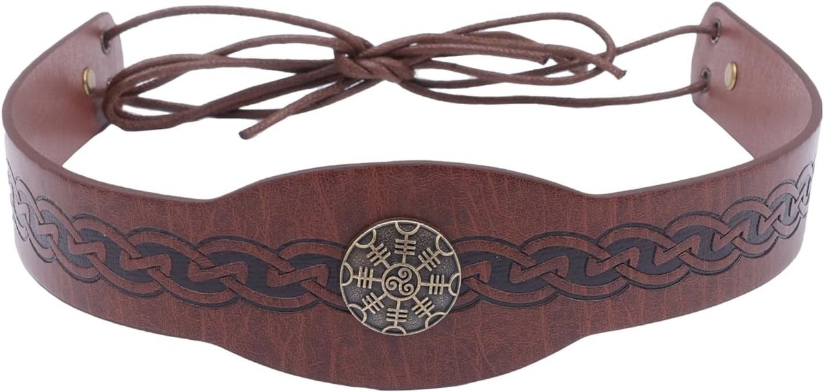 Verstelbare Viking Leren Hoofdband voor Middeleeuwse Kostuums, Vintage Bruin, Gegraveerd Cosplay Accessoire voor Renaissance Evenementen