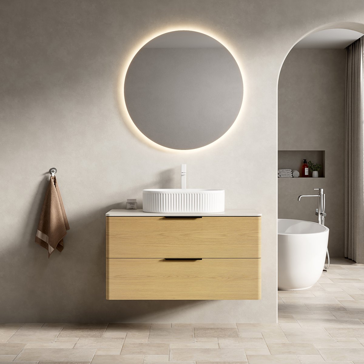 REDOM - Badkamermeubel met wastafel - Hangend - 2 lades met soft-close - Ovale opbouw waskom - Sintersteen en keramiek - Beige Eiken Wit - 90 x 46 x 48 cm