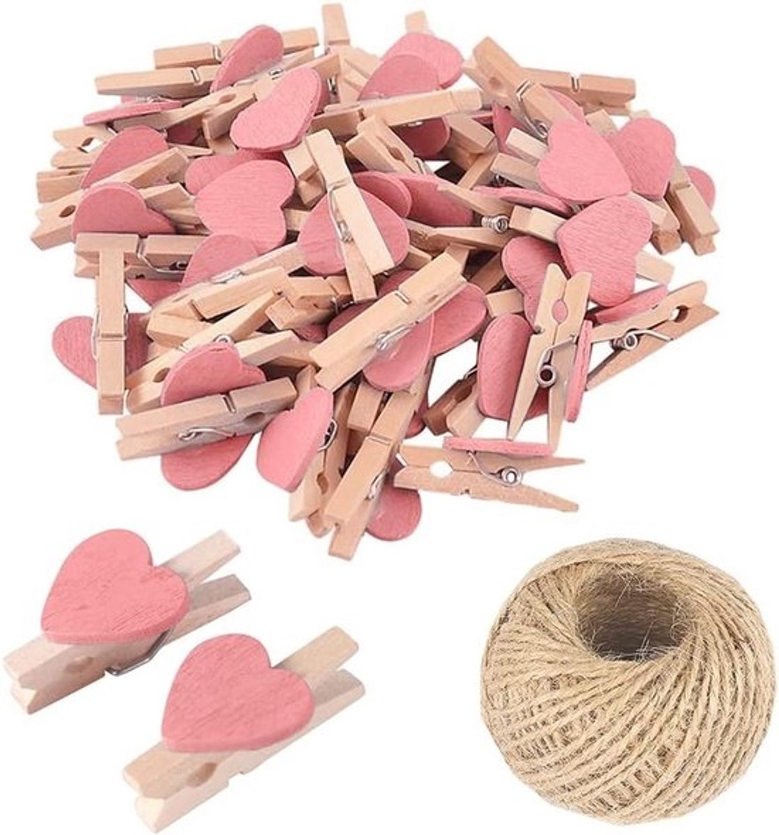 Houten Hart Knijpers - Mini Decoratie Clips - Foto's Ophangen - Natuurlijk Hout Materiaal - 100 Stuks - Roze