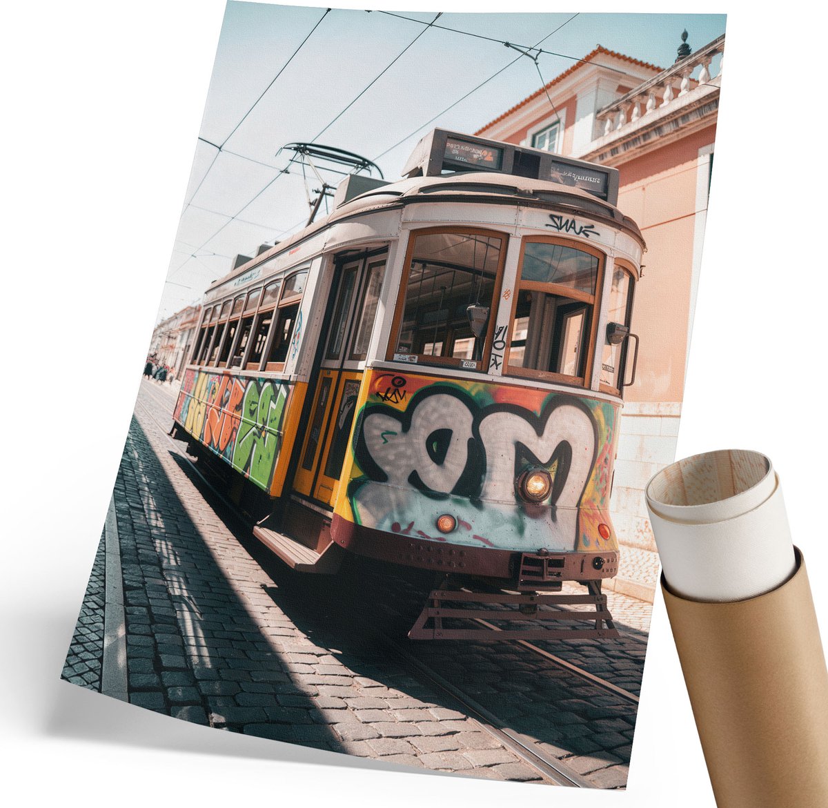 Coloray Polycanvas Wandposter - Graffiti Tram, Fotografie - 210 x 297 mm - Geel Motief - Rechthoek - Muurkunst - Woonkamer, Slaapkamer, Kantoor - Modern