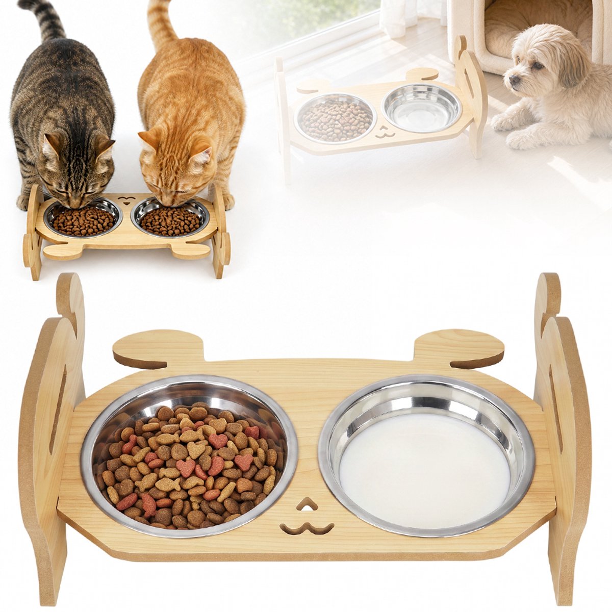 Verhoogde Voerbak Kat - Hoge Voerbakken Voor Katten - Kattenvoerbak Verstelbaar - Met 2 RVS Kommen - 2 Hoogtes - Brede Ondiepe Opening - Voorkomt Snorhaarvermoeidheid - Voor Voedsel & Water - Antislip - 33x20x13 cm - Voor Kleine Honden & Katten