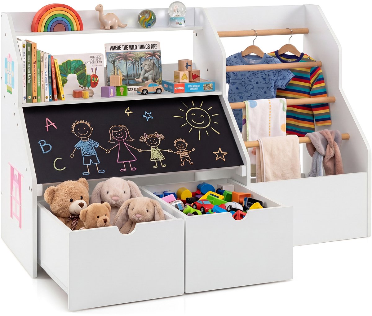 COSTWAY 2-in-1 kinderrek met inklapbaar bord en 5 kledingstangen, wit