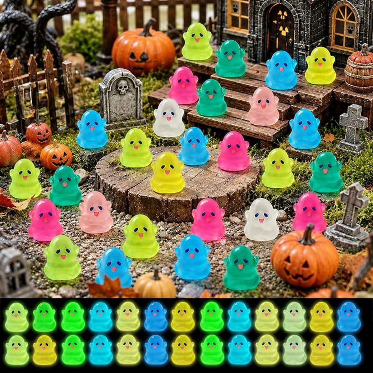 104 Stuks - Lichtgevende Halloweenversieringen - Kleurrijke mini spookfiguurtjes van hars - Halloween Gloed in het Donker Spookjes Decoraties - Halloweenversieringen - Halloween cadeaus - Tafeldecoraties voor feestjes, tuinen en bloempotten
