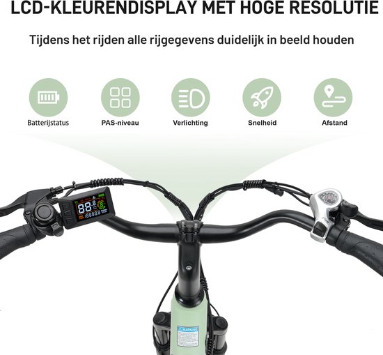 Elektrische stadsfiets - 26 inch lage instap - 522Wh lange actieradius accu - 250W achterwielmotor - 45Nm koppel - Shimano 7 versnellingen - Schijfremmen voor en achter - LCD-display - Geveerde zadelpen - groen — afbeelding 4