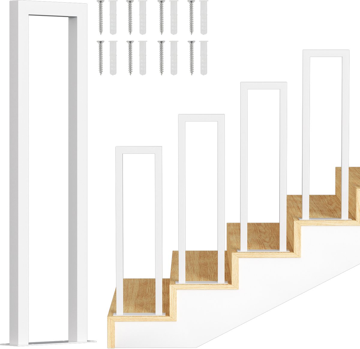 U-vormige trapleuning 75 cm wit – ijzeren handgreep met ovale buis, montage op trede, voor binnen en buiten, incl. afdekkappen