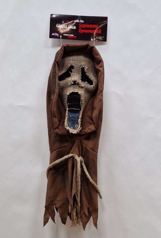 Bruine capuchon met een open mond en gaasmasker, een 'Scarecrow' 'Ghost face' masker.