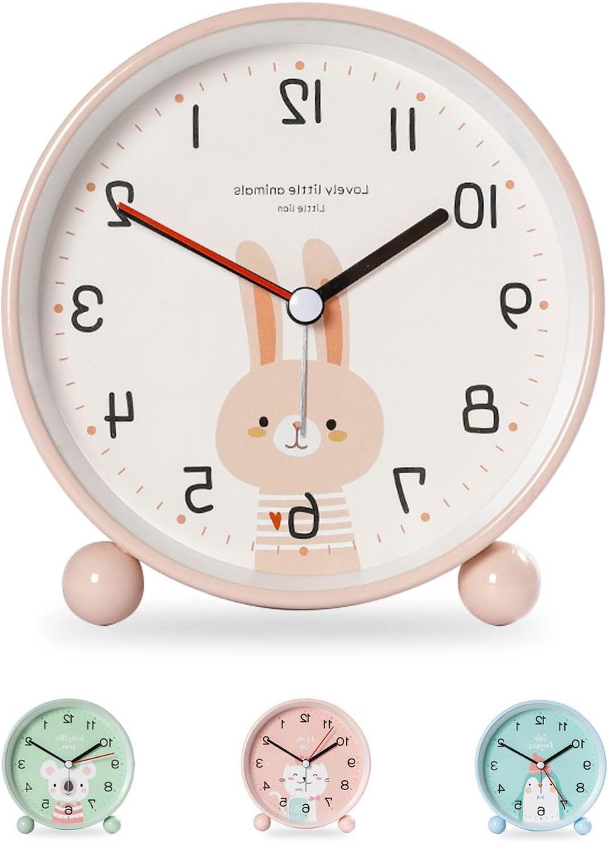 Kinderwekker Roze Haas - Stille Wekker - Tijd Leren Lezen - Zacht Nachtlampje - 11 cm - Roze