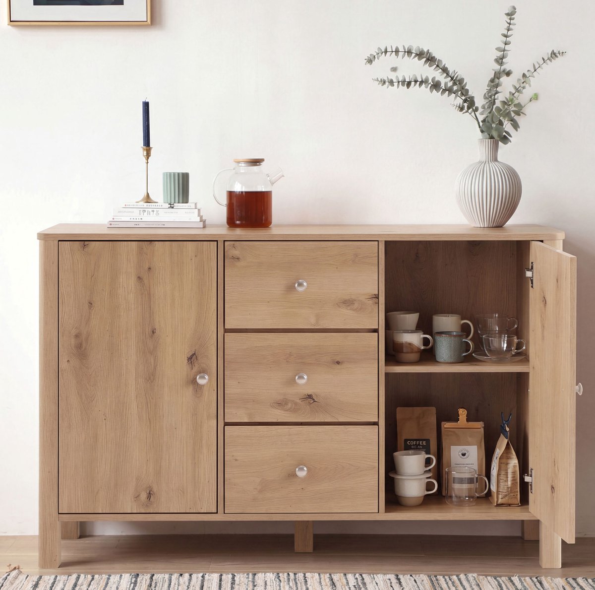 MODENUIT Dressoir - 3 Lades En 2 Deuren - Voor Eetkamer En Woonkamer - Spaanplaat Eiken - 120x40x80 Cm