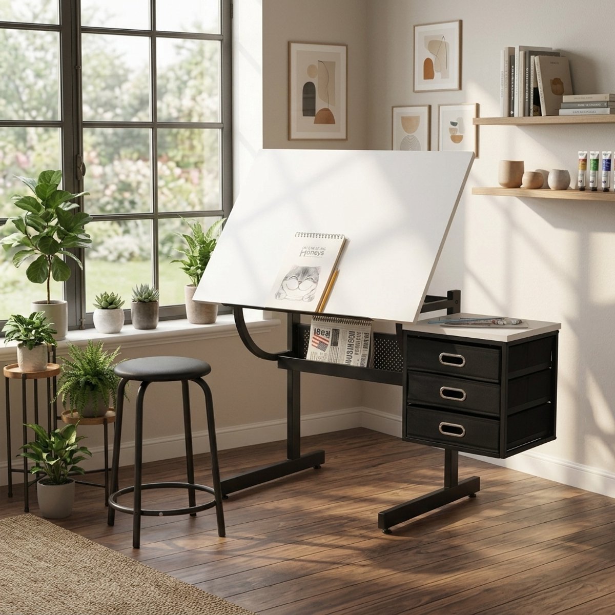 VVBV Verstelbare Tekentafel 115x60x76.2 cm – Tekentafel met Werkblad met Lades en Verstelbaar – MDF – Wit