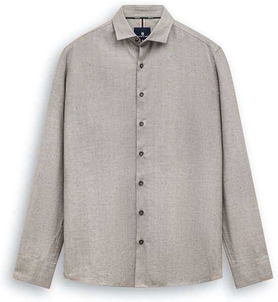 Beige hemd met visgraatdessin en kleurspikkels, voorzien van knoopsluiting en State of Art merklabel in de nek.