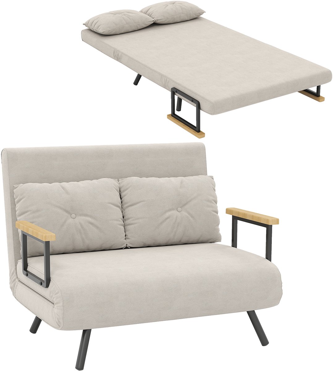 Slaapbank 4-in-1 2-zitsbank met slaapfunctie, Opvouwbare bank Slaapbank met in 5 standen verstelbare rugleuning, Lendekussen en fleece-look voor woonkamer, Beige