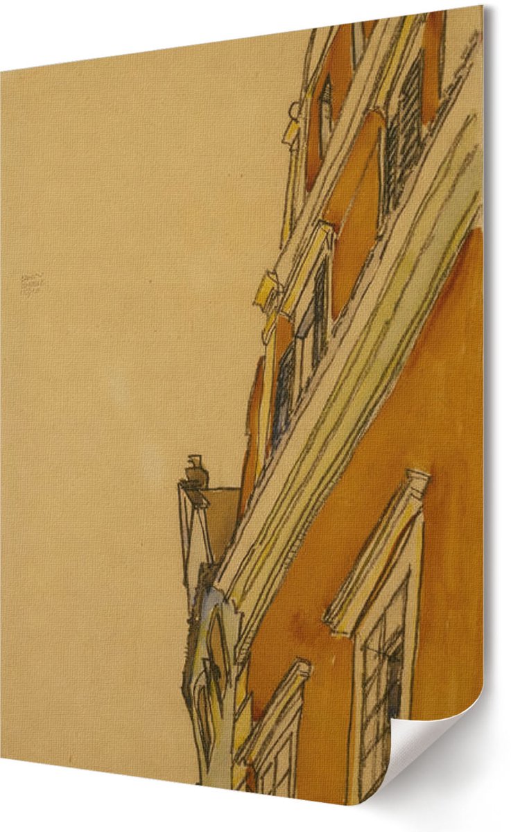 Coloray Polycanvas Poster - Huis In Krumau, Schilderen - 420 x 594 - Bruin Wanddecoratie - Rechthoek - Muurdecoratie - Woonkamer, Slaapkamer, Kantoor - Rustiek