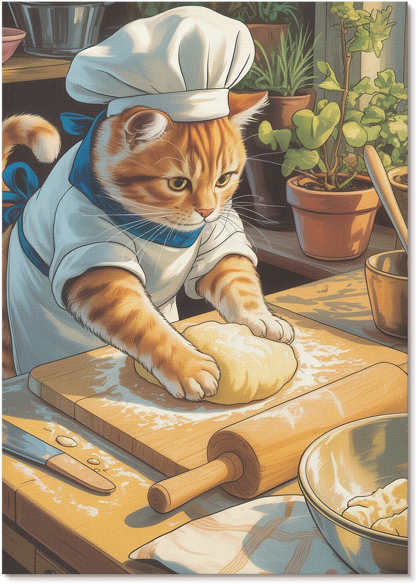 Tulup Polycanvas Wandposter - Chef-Kok Kat, Illustratie - A4 - Bruin Wanddecoratie - Rechthoek - Wandkunstwerk - Woonkamer, Slaapkamer, Kantoor - Kinder