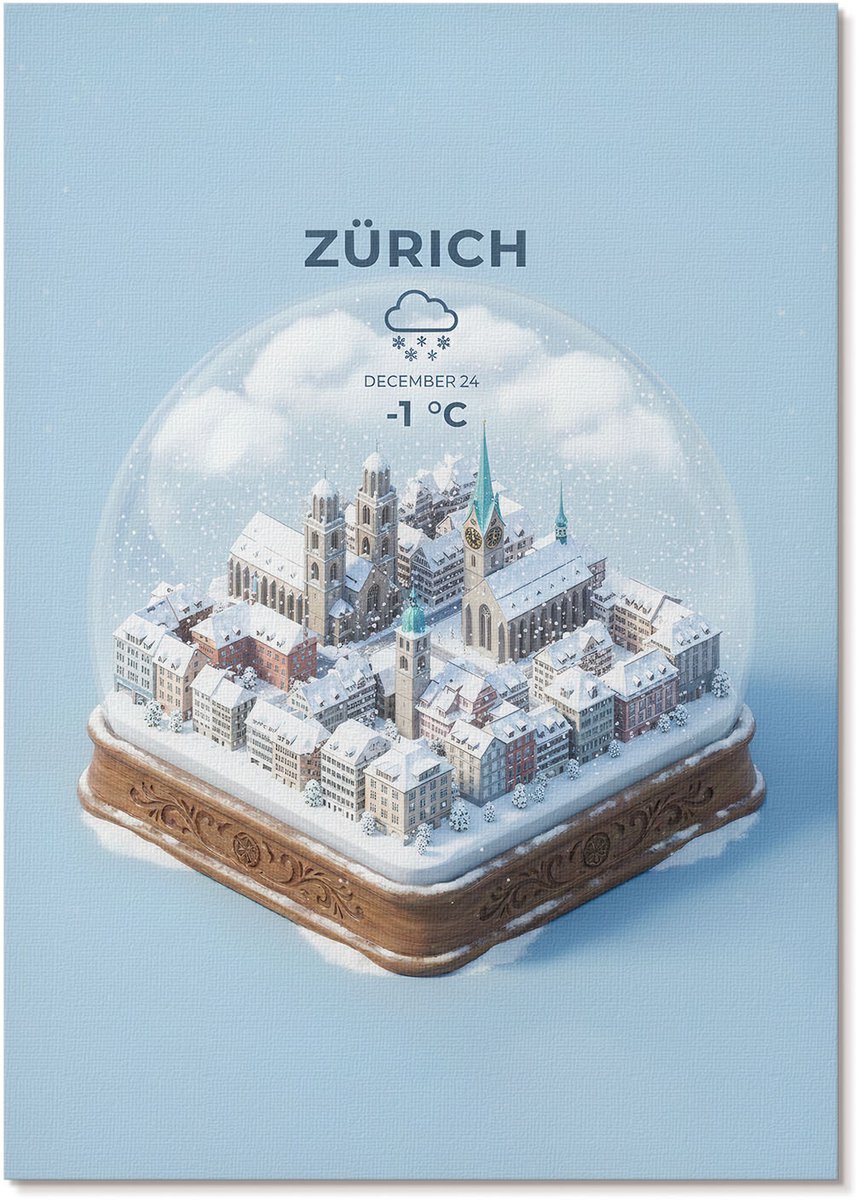 Tulup Polycanvas Wandposter - Zürich Sneeuwbol, Illustratie - A4 - Blauw Kunst - Rechthoek - Canvasposter - Woonkamer, Slaapkamer, Kantoor - Modern