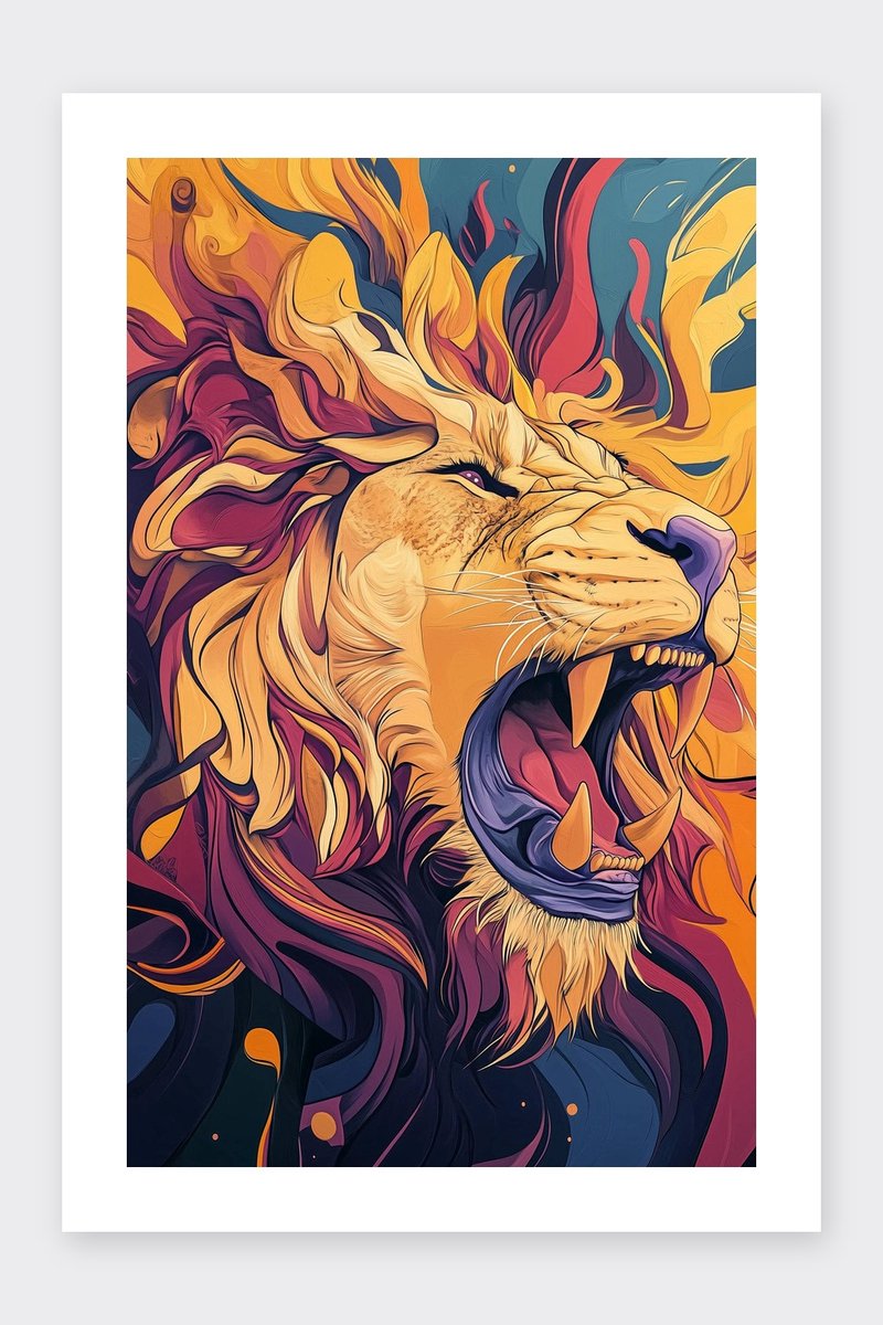 Leeuw Poster - Kunst - Dieren - Krachtig - Majestueus - Abstract - Expressief - posters - formaat 30x40cm - Wanddecoratie - BXS5368KMD - Met kader - passe-partouts stijl