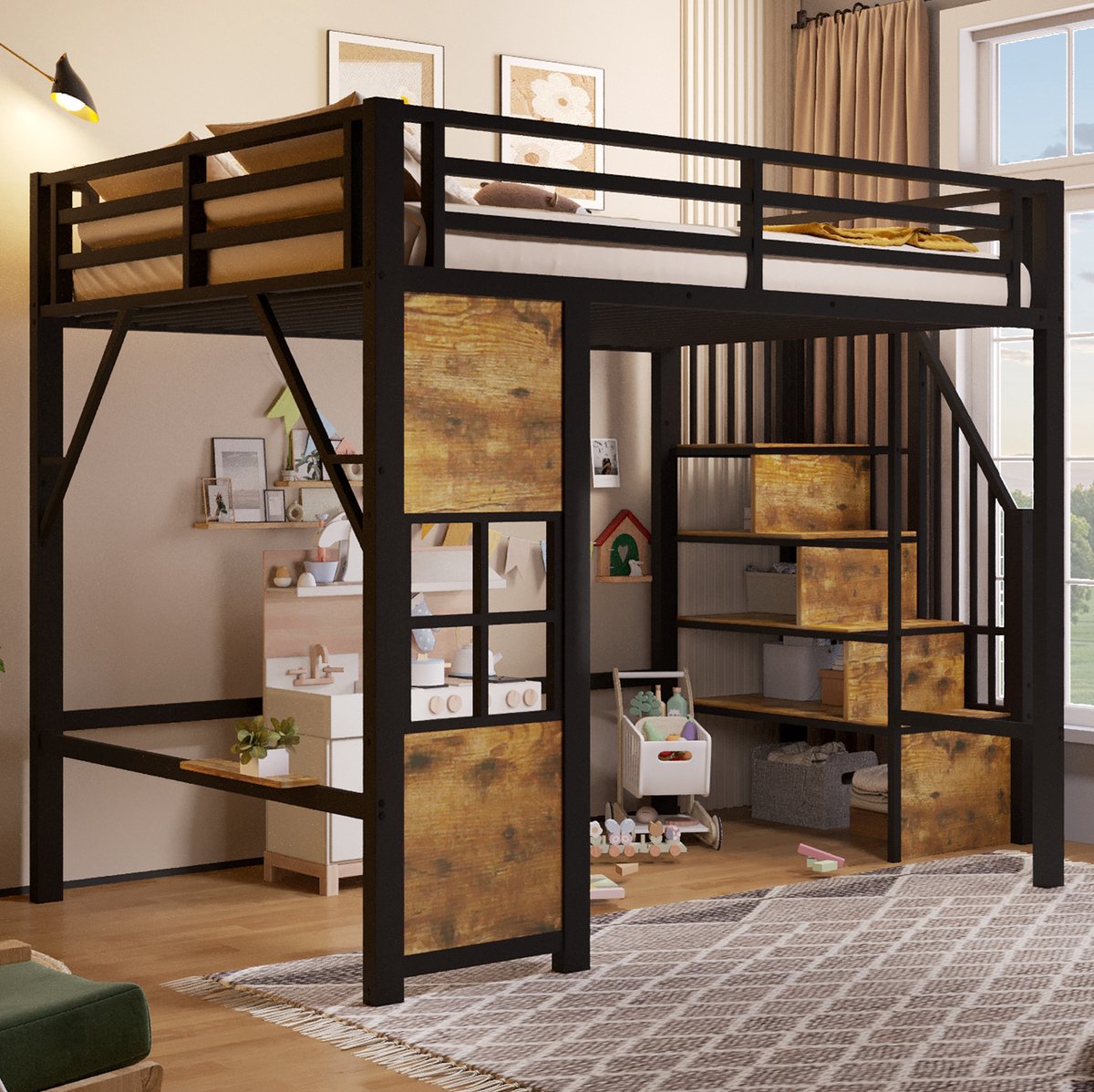 DESMIU Hoogslaper 140x200 cm – Opbergladder En Open Speelruimte – Veiligheidshek En Wandplank – Kinderkamer – Metaal En MDF – Zwart – Zonder Matras