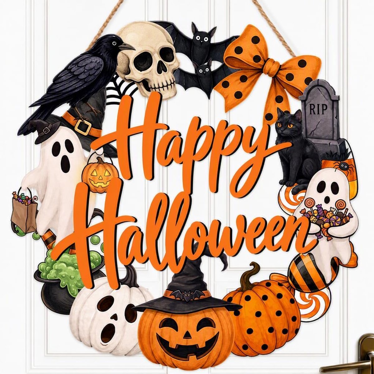 Halloweenkrans, houten pompoen-spookdeurbordje, geschikt als wanddecoratie, vooral voor voordeuren.