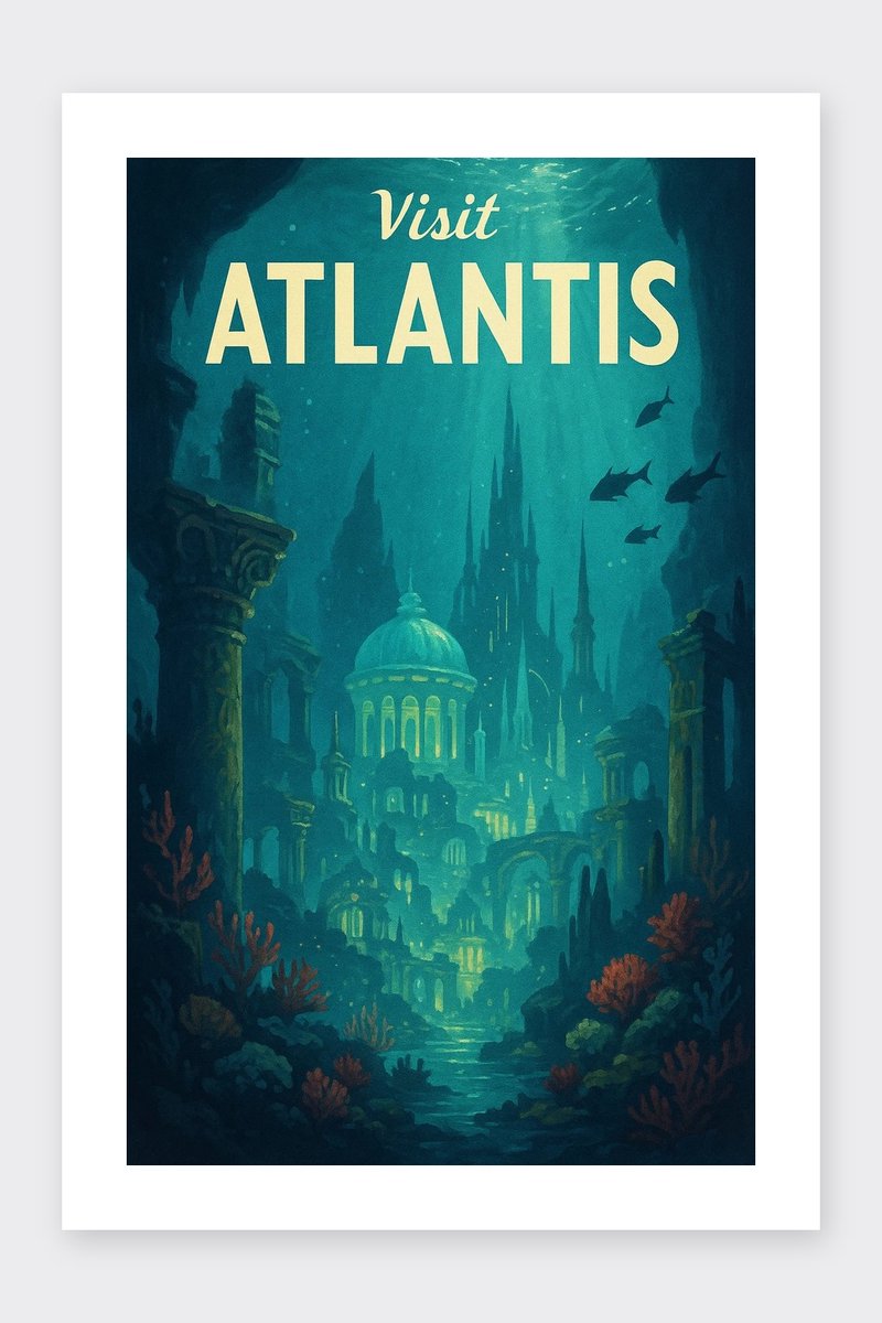 Visit Atlantis Poster - Quote Posters - Tekst - Onderwater - Stad - Passe-Partouts Effect - Wanddecoratie Tienerkamer - 180 gram papier - BL6485AZ - Formaat 70 x 100cm