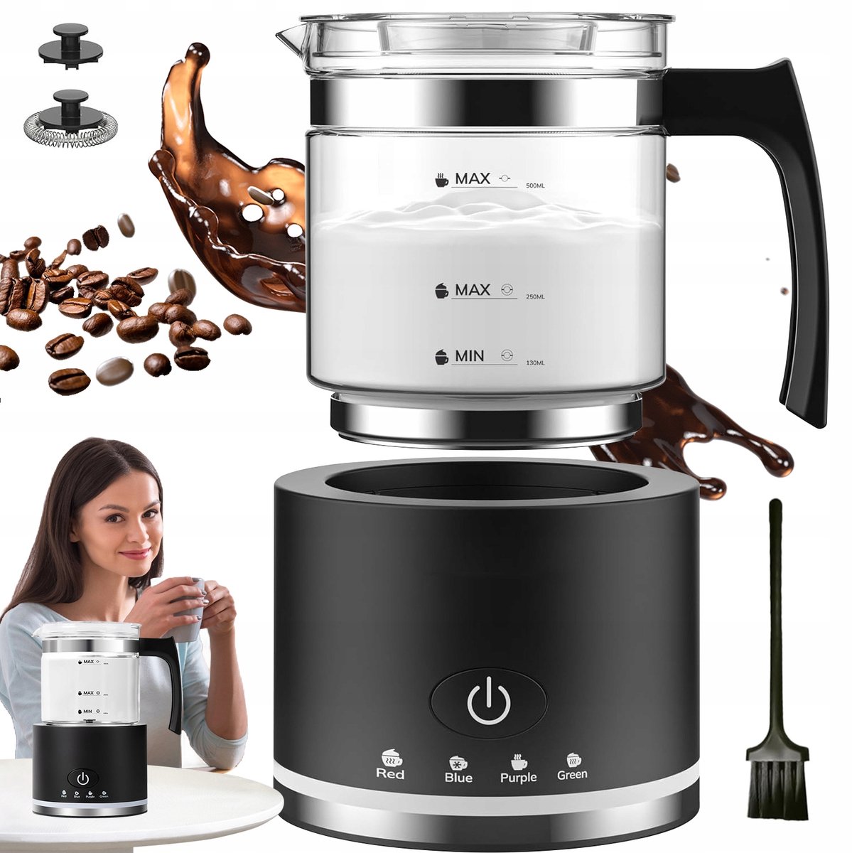 Glazen Melkopschuimer - Elektrische Melkopschuimer - Vaatwasserbestendig - 500 ml - Warm & Koud Schuim - 4 Standen - Automatische Uitschakeling - Milk Frother - Voor Latte & Cappuccino & Macchiato - Zwart
