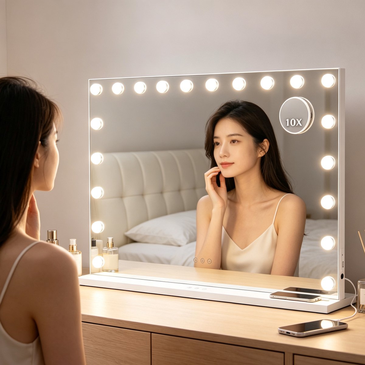 ANTENLICHT Make Up Spiegel met Verlichting - Hollywood Spiegel 90x60CM - 10X Vergroting - Vergrootspiegel - USB & USB-C Oplaadporten - 20 LED Lampen - Dimbaar - Make Up Spiegel - Wit