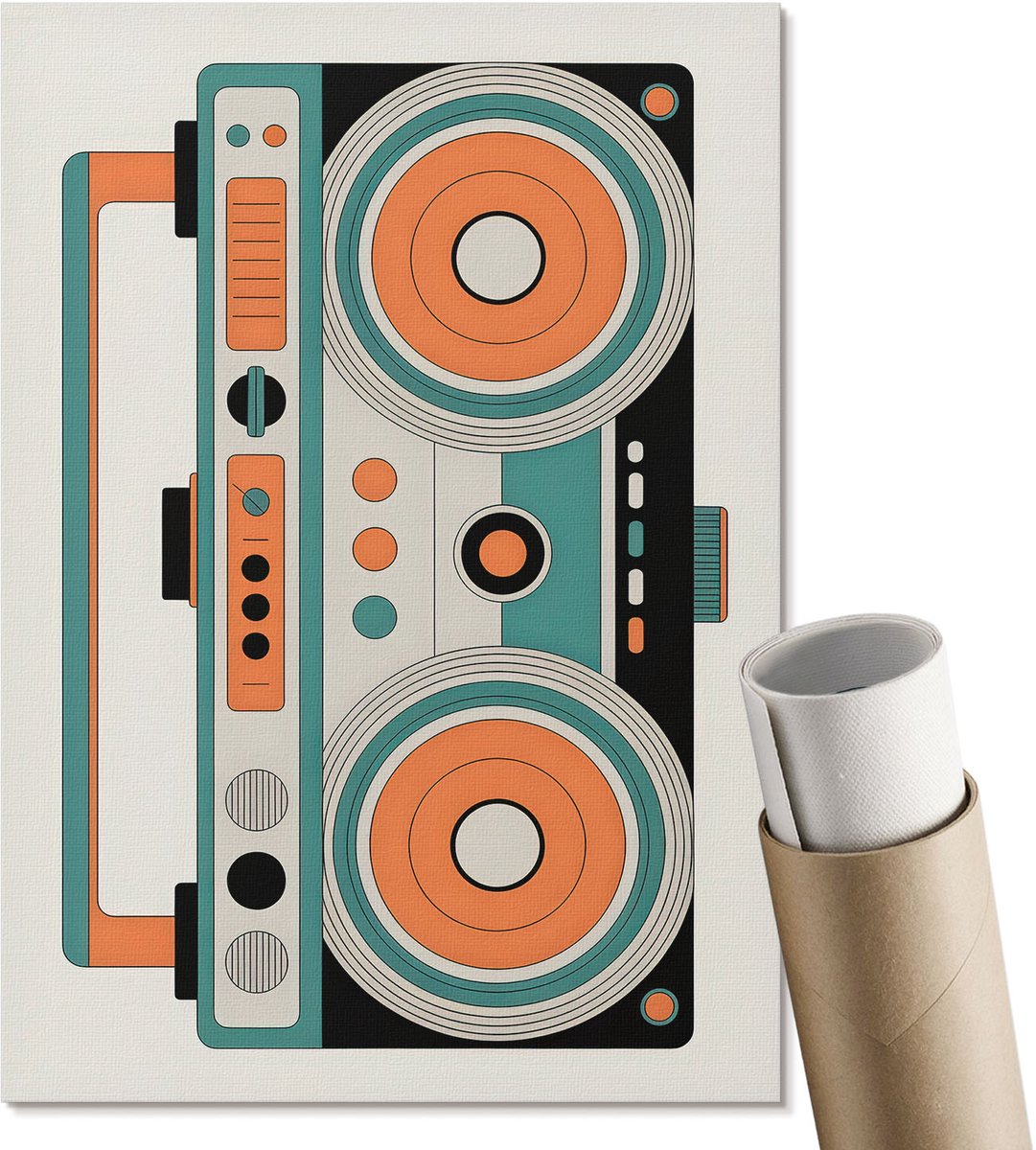 Coloray Polycanvas Wandposter - Retro Boombox, Illustratie - A4 - Oranje Patroon - Rechthoek - Wandkunstwerk - Woonkamer, Slaapkamer, Kantoor - Retro