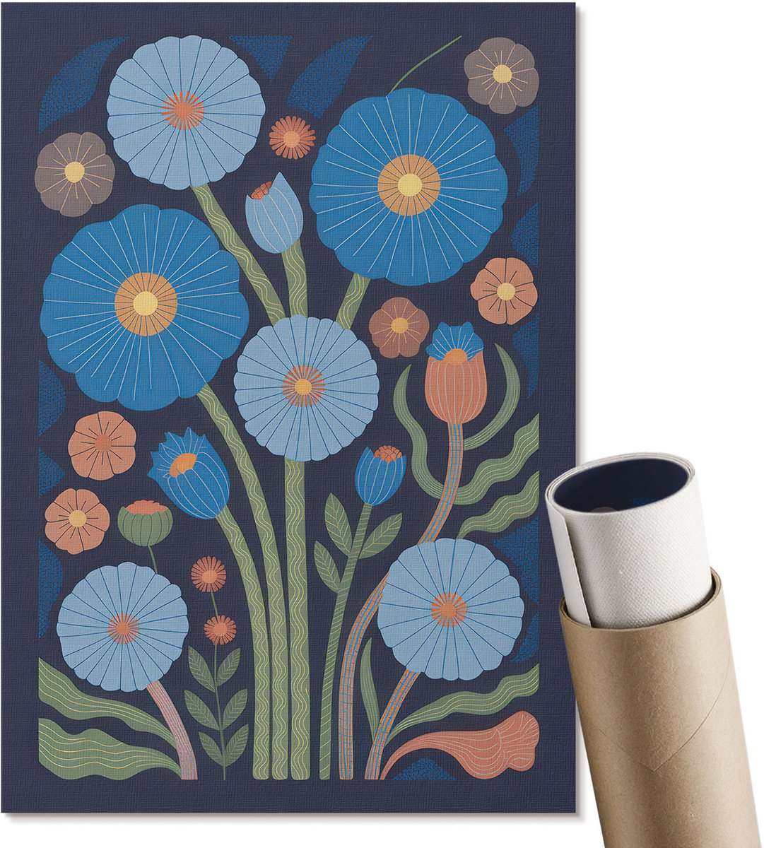 Coloray Canvas Poster Polycanvas - Bloemarrangement, Illustratie - A4 - Blauw Poster - Rechthoek - Wandkunst - Woonkamer, Slaapkamer, Kantoor - Decoratief