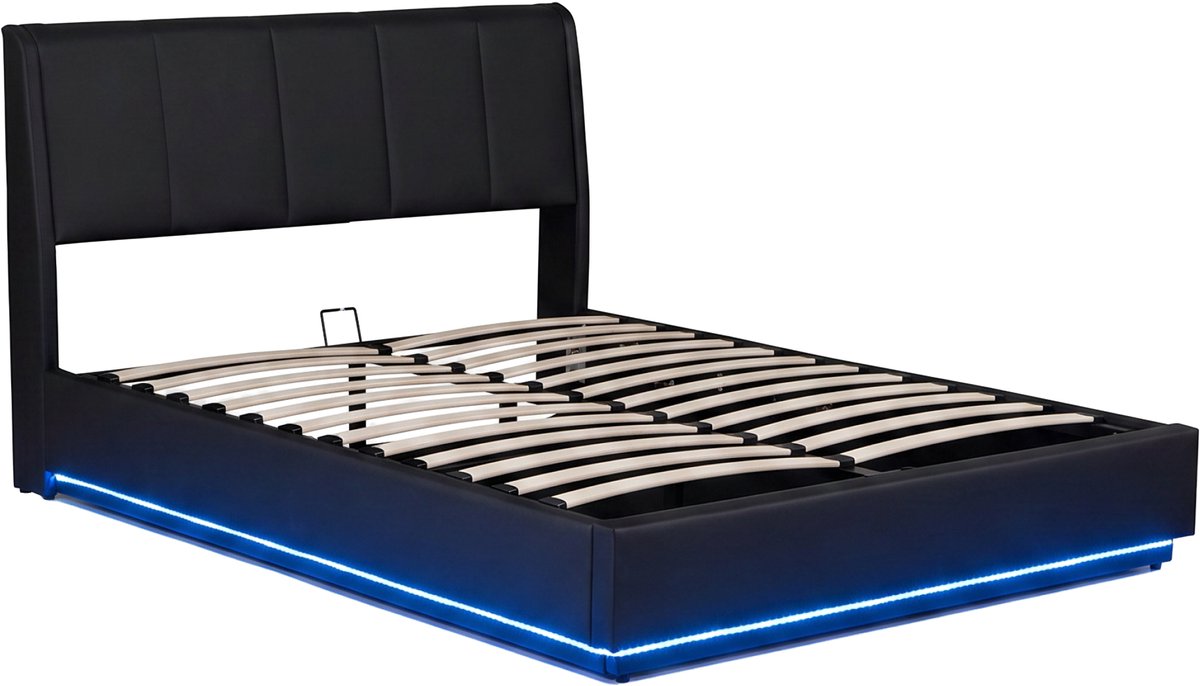 Tweepersoonsbed Tröstiar kunstleer met LED licht 140x200 cm zwart [en.casa]