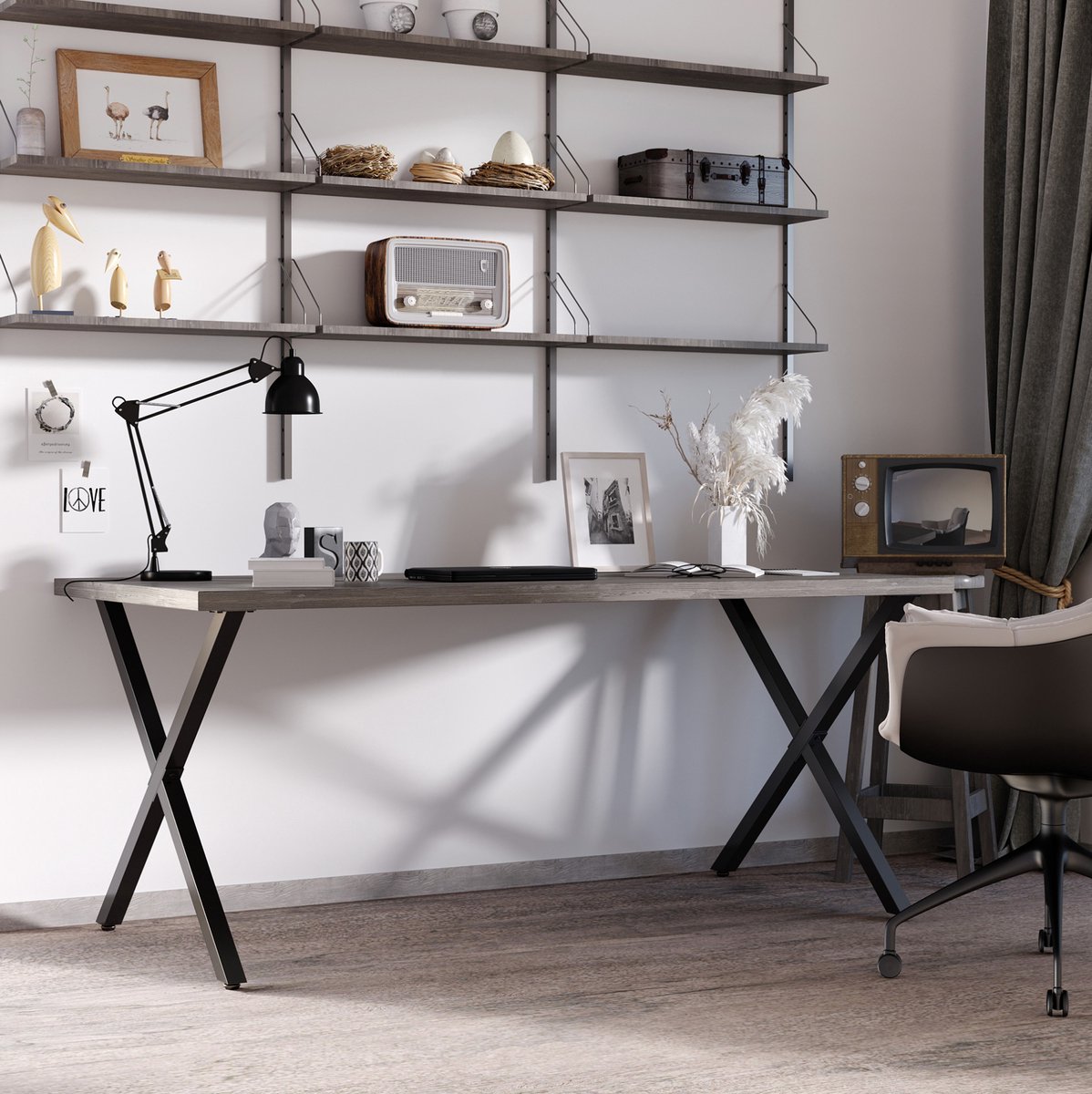 REDOM - Tafelpoot - X-vorm - Met voorgeboorde gaten - Kunststof voetjes - Moderne stijl - Voor eettafel, bureau en salontafel - Staal - Zwart - 80 x 4 x 72 cm