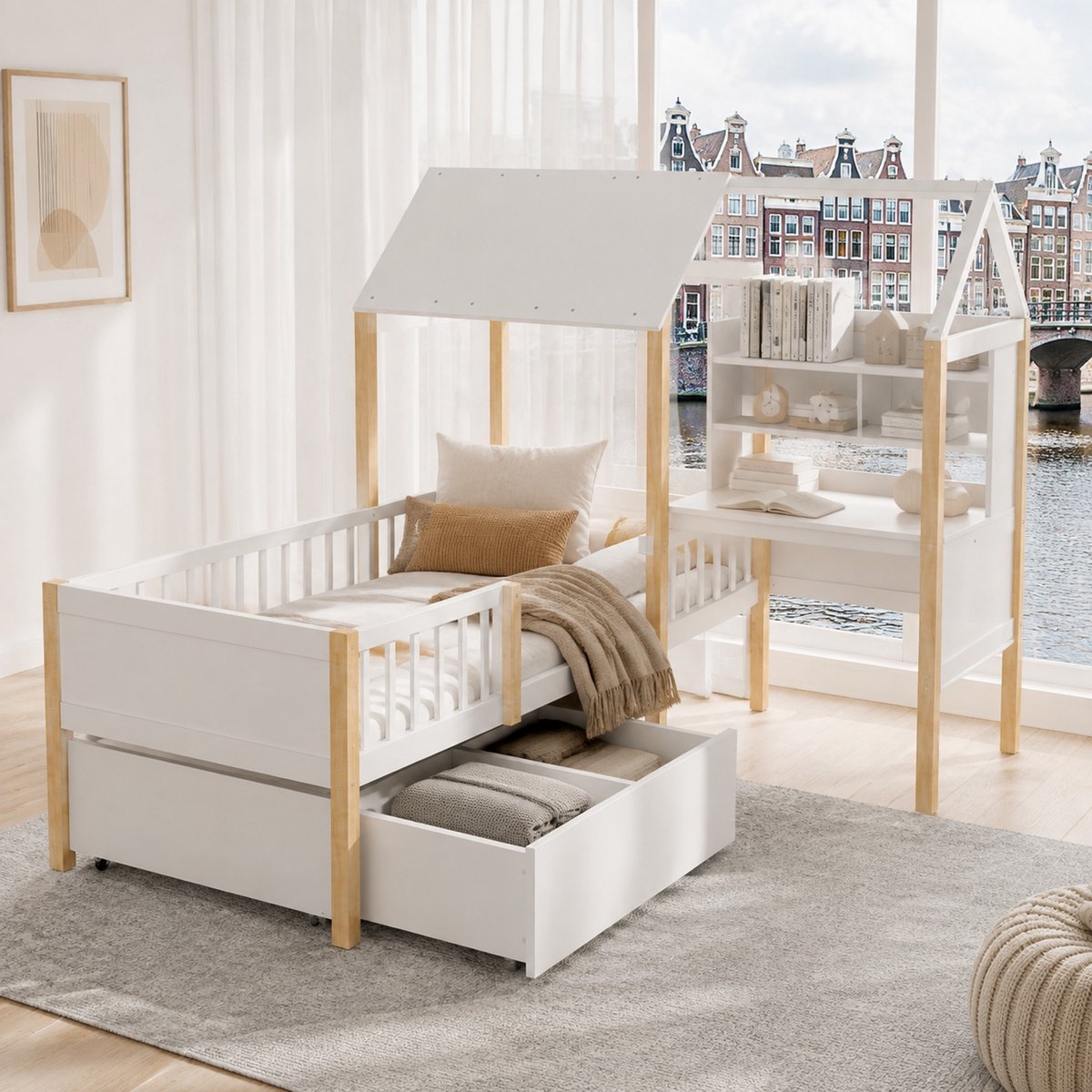 WUVRIE Kinderbed 90x200 cm met L-vormig bureau, boekenrek, opberglades en uitvalbeveiliging, wit