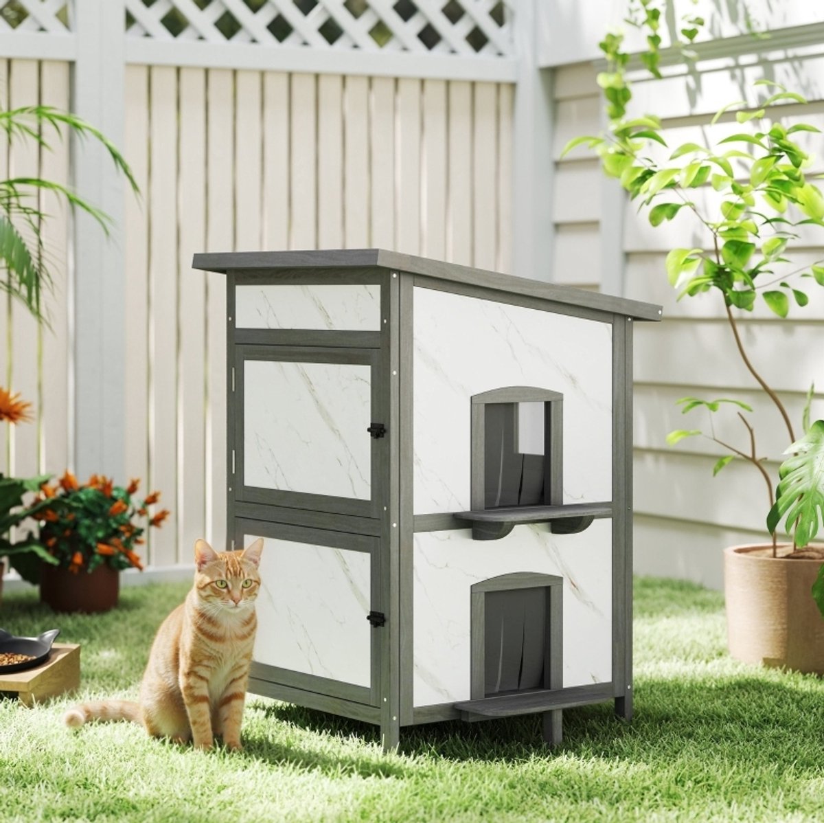 MODFU-Outdoor Kattenhuis-Hout-88 Cm-Waterdicht-Meerdere Ingangen-Raam-Wit-Grijs