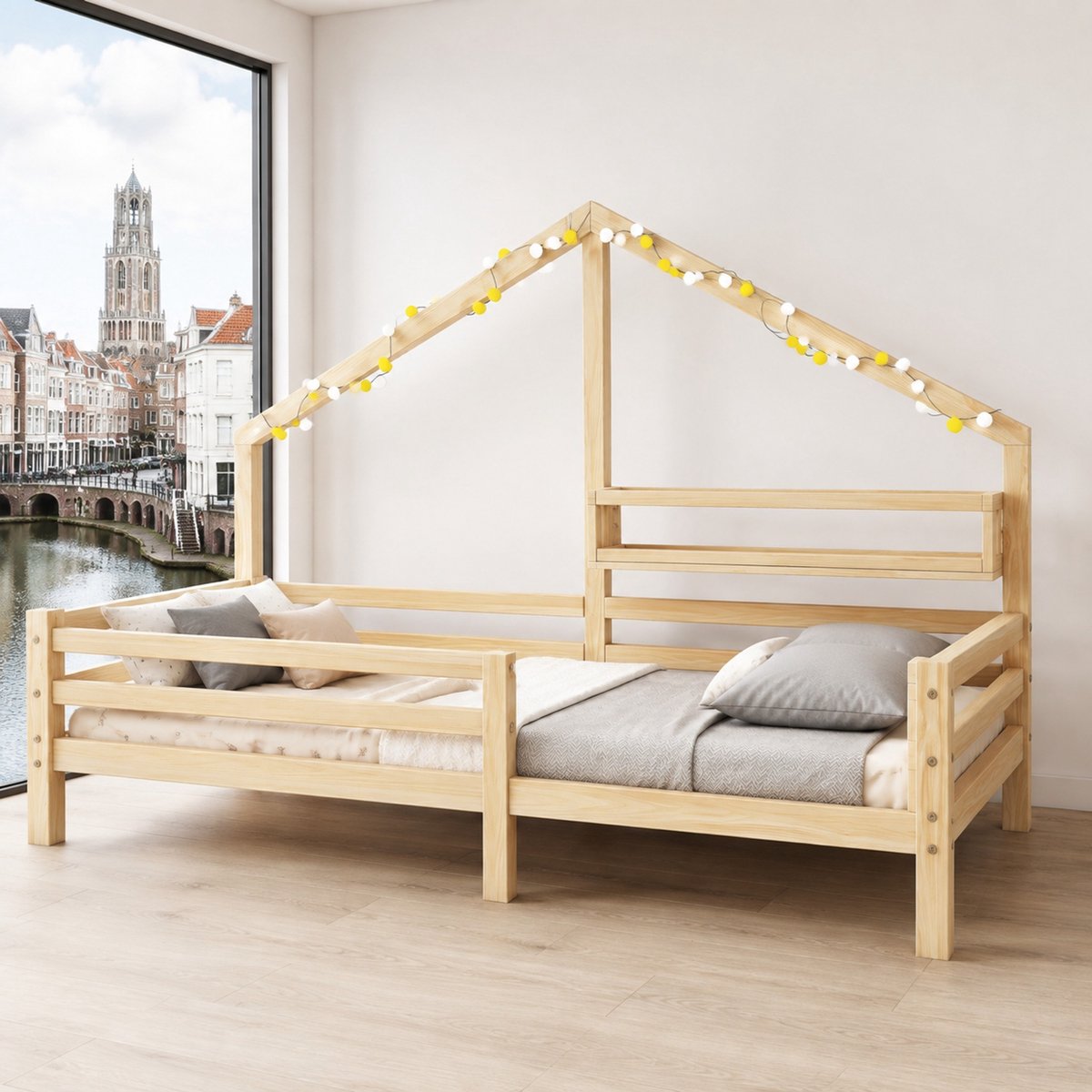 WUVRIE Huisbed kinderbed 90x200 cm met boekenrek en uitvalbeveiliging, naturel