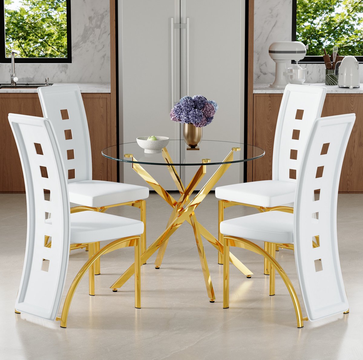 MODFU - Ronde Eettafelset - 88 Cm - 4 Stoelen - Gehard Glas - Wit Goud