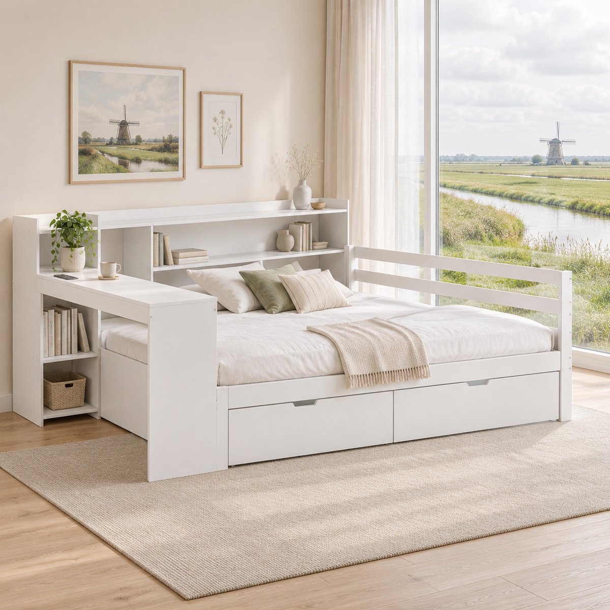 WUVRIE Slaapbank 90x200 cm met bureau, boekenrek, opbergruimte en 2 lades, wit