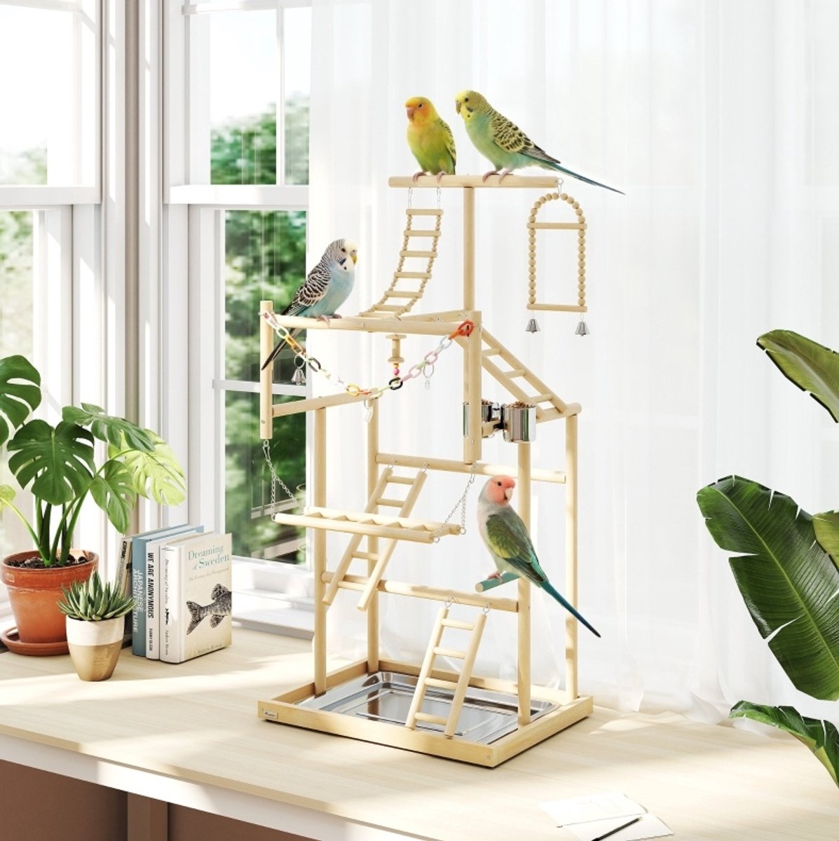 MODFU - Vogelkooistandaard - 4 Niveaus - Met RVS Tray En Speelgoed - Houtkleur