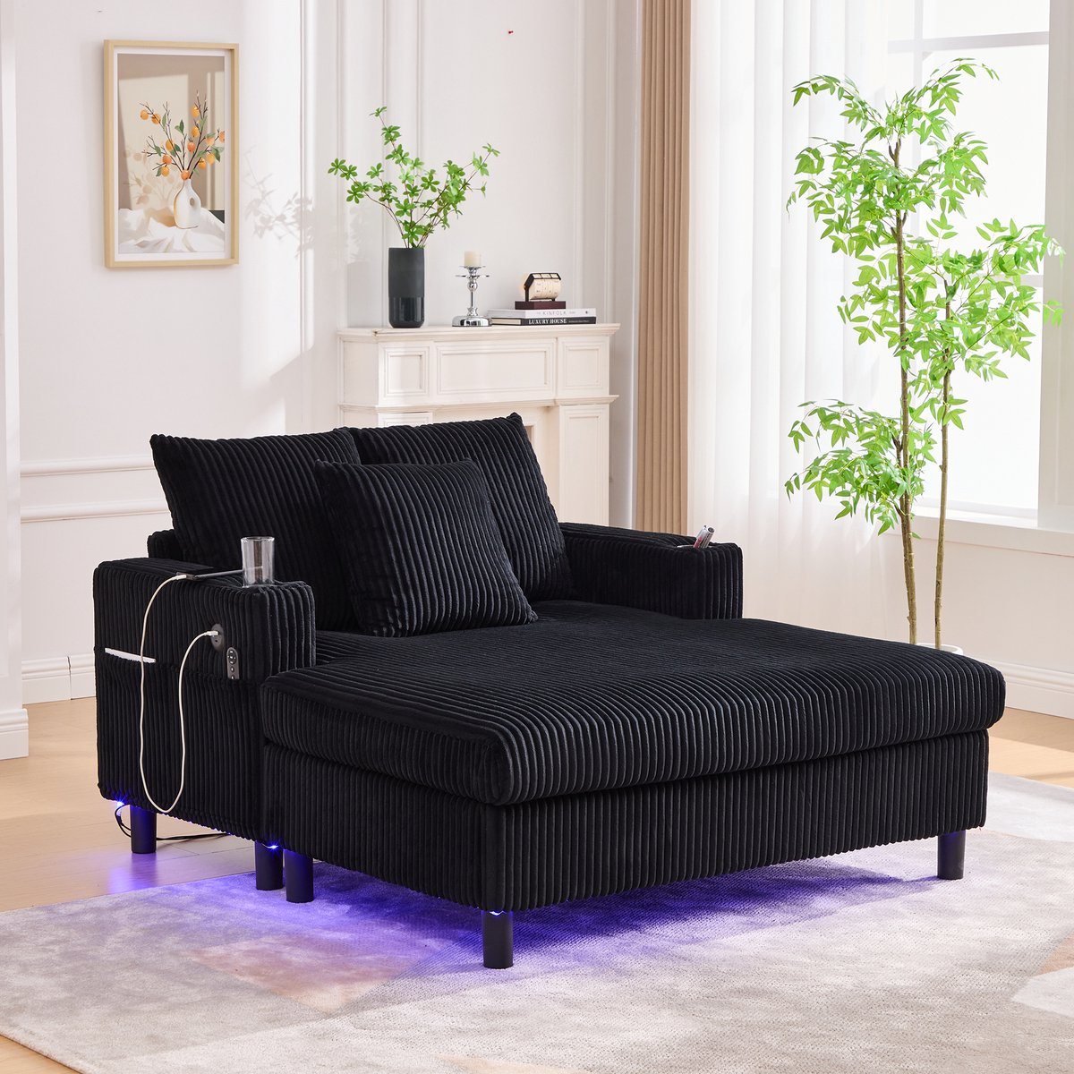 1-zits bankje - 142 x 128 x 85 cm - corduroy bekleding - met ledverlichting - met USB-aansluiting - met bekerhouders - inclusief kussens - Zwart