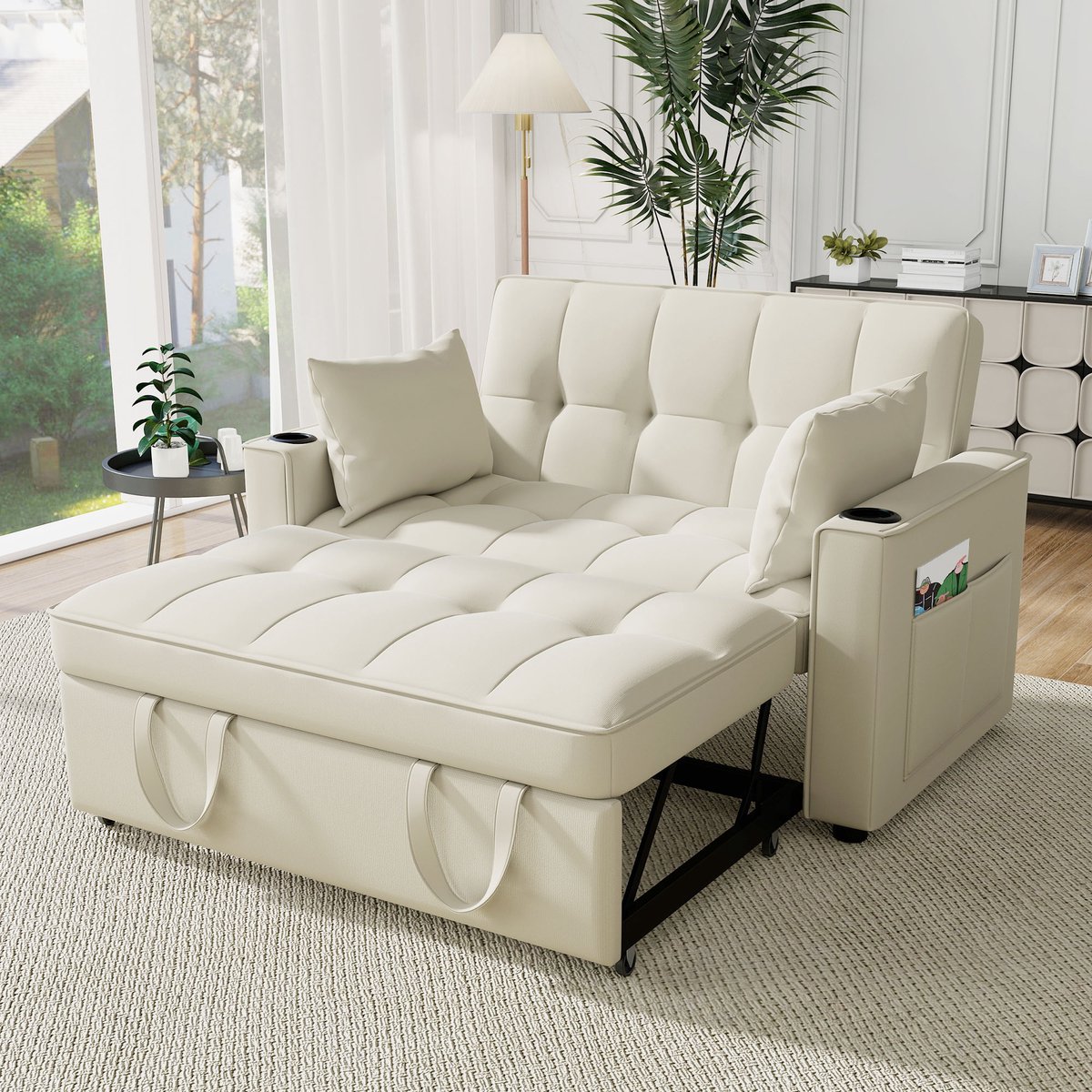 Slaapbank - 137 x 76,5 x 83 cm - fluwelen bekleding - met slaapfunctie - met opbergruimte - met bekerhouders - inclusief kussens - met houten poten