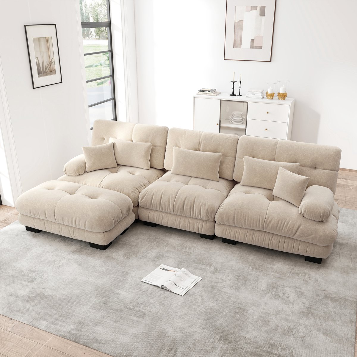 U-bank - 313 x 145 x 81 cm - chenille bekleding - met slaapfunctie - modulair samen te stellen - inclusief kussens - met veer- en schuimvulling