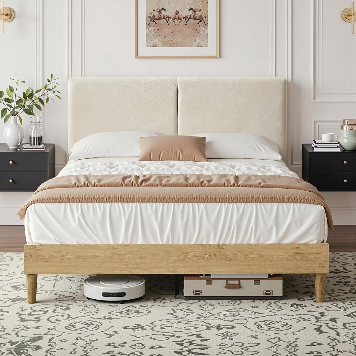Bedframe 140x200 cm - Industrohome Ledikant met verstelbare kopsteun, stevig lattenbodem en geluidsarm design in beige linnen (matras niet inbegrepen)