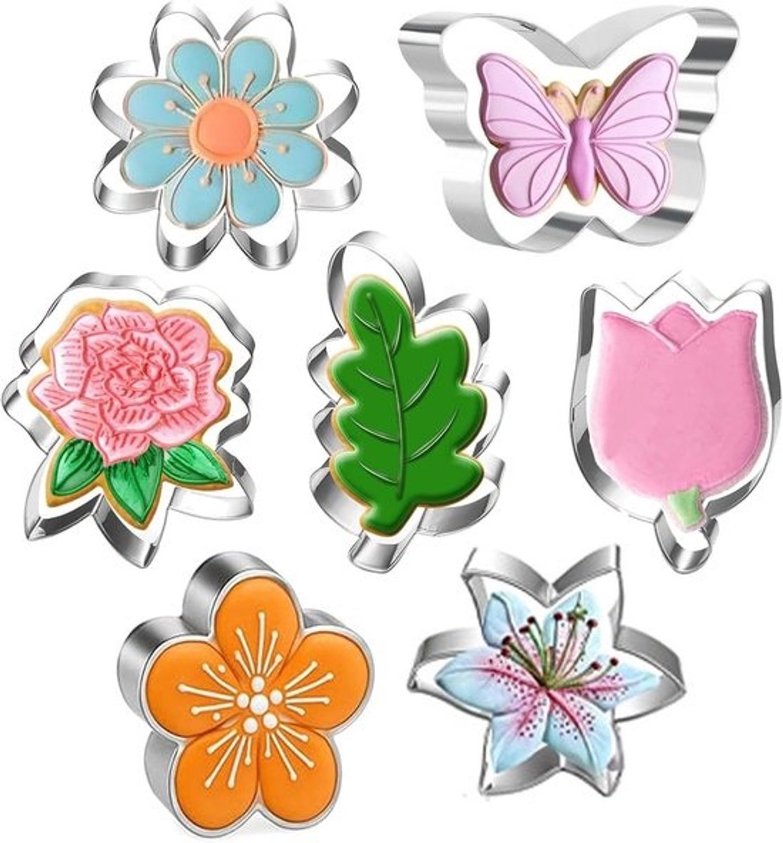 Koekjes Snijders Set - Bakvormen Bloem Blad - Zelf Bakken - Roestvrij Staal - 7 Stuks 3 Inch - Zilver