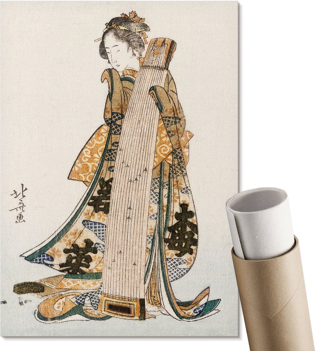 Coloray Polycanvas Wandposter - Japanse Vrouw, Schilderen - A4 - Beige Wanddecoratie - Rechthoek - Wandkunstwerk - Woonkamer, Slaapkamer, Kantoor - Japanse