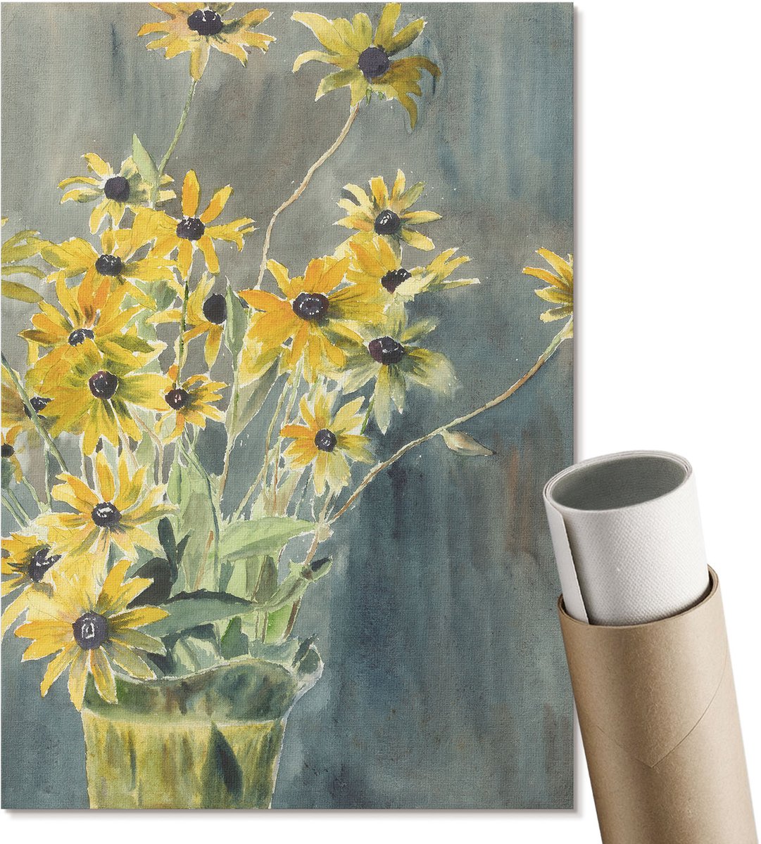 Coloray Canvas Poster Polycanvas - Vaas Met Rudbeckia'S, Waterverf - A4 - Geel Patroon - Rechthoek - Wandkunst - Woonkamer, Slaapkamer, Kantoor - Romantisch